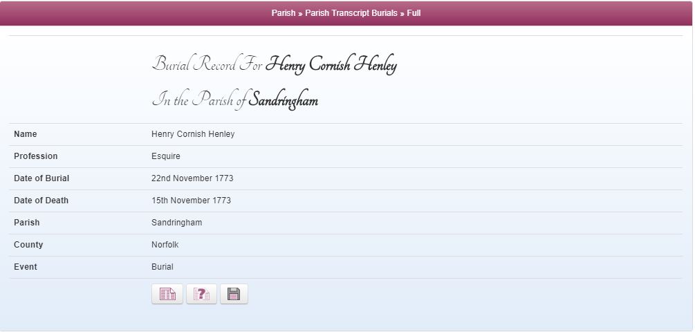 Burial transcript for Henry Cornish Henley November 1773 at St Mary Magdalene, Sandringham