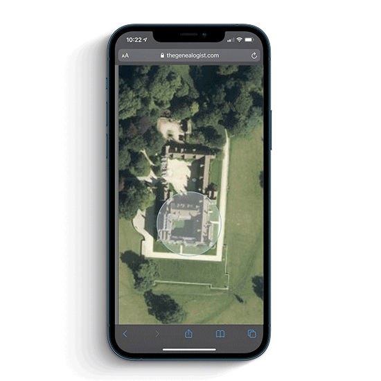 TheGenealogist’s Map Explorer on a mobile phone, using the “Locate Me” feature whilst visiting Lacock Abbey, Wiltshire. Cycling through a Modern Satellite Image, Modern Map, 1890’s OS Map and 1838 Tithe Map