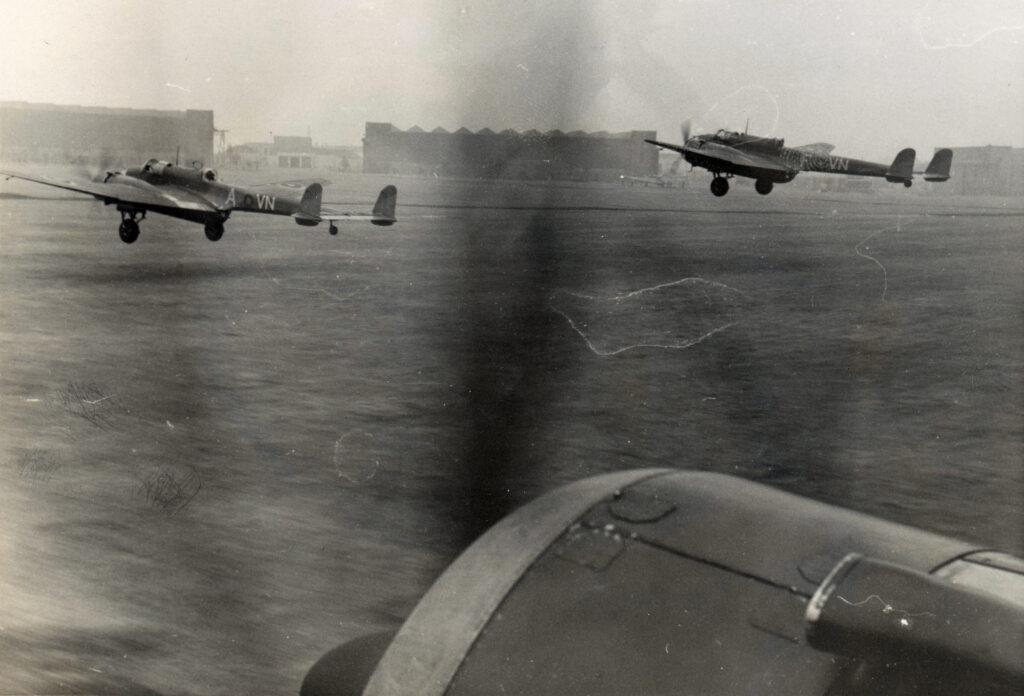 Handley Page Hampdens taking off in formation at RAF Waddington