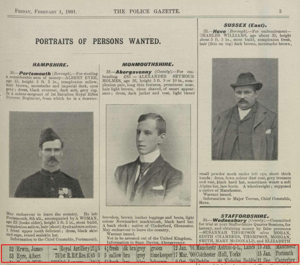 Albert Eyre in the portraits of persons wanted and list of Deserters and Absentees from the Police Gazette 