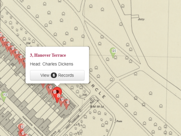 Charles Dickens location in the 1861 census displayed on Map Explorer™ 