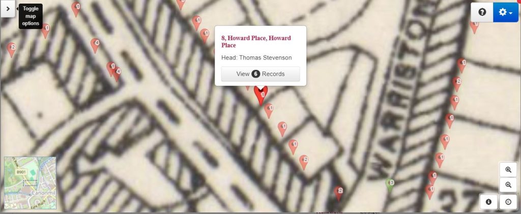 The 1851 Census of Edinburgh linked to Map Explorer™ locating Howard Place, the family home of novelist Robert Louis Stevenson