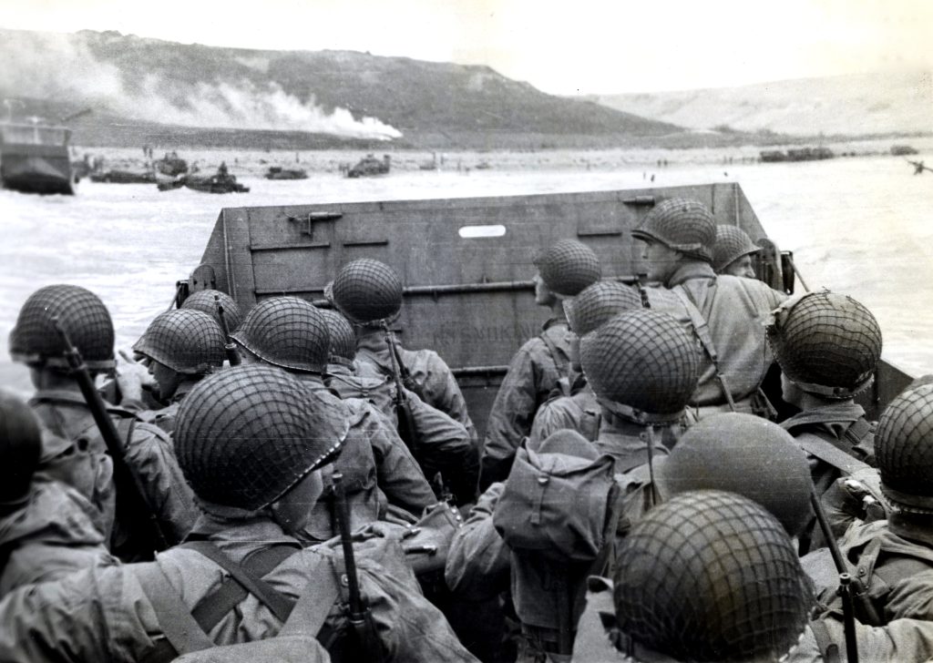 American assault troops in a landing craft approaching Omaha Beach, Normandy, France