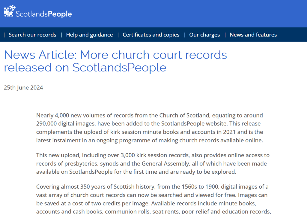 Screenshot of Scotland's People Website article