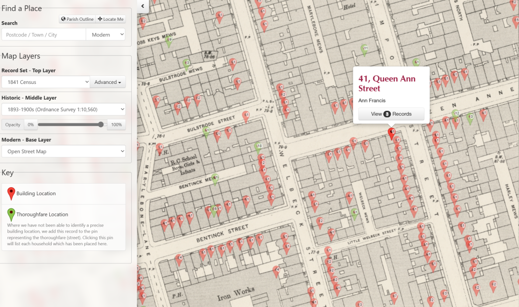 [TheGenealogist’s MapExplorer showing households across the streets of London in 1841]